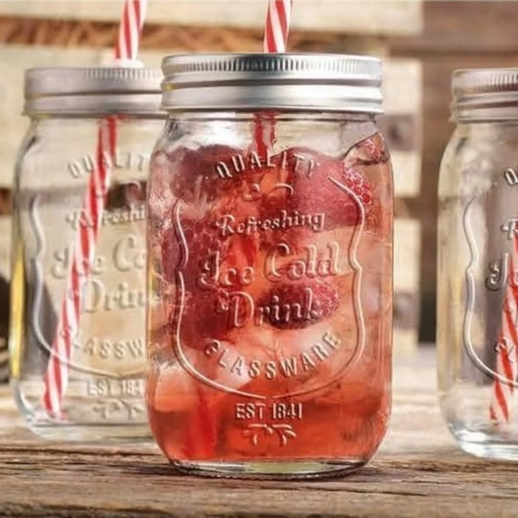 New Glaver’s Box Set 6 Mason Glass Drinking Mug Jars 15 Oz Lids Striped Straws